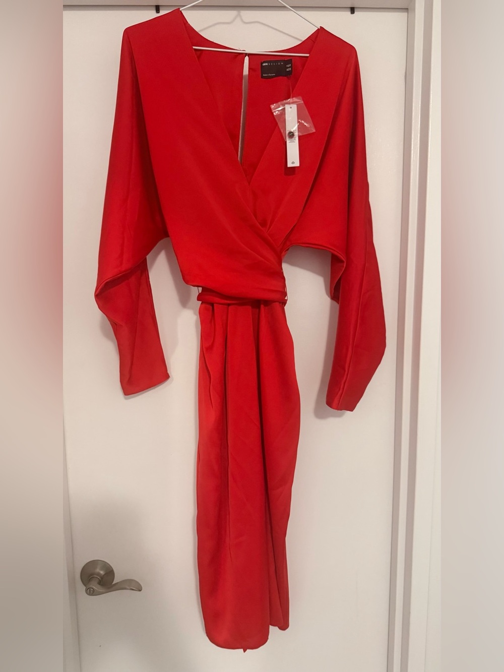 ASOS DESIGN satin midi dress with batwing sleeve and wrap waist in red - US 10